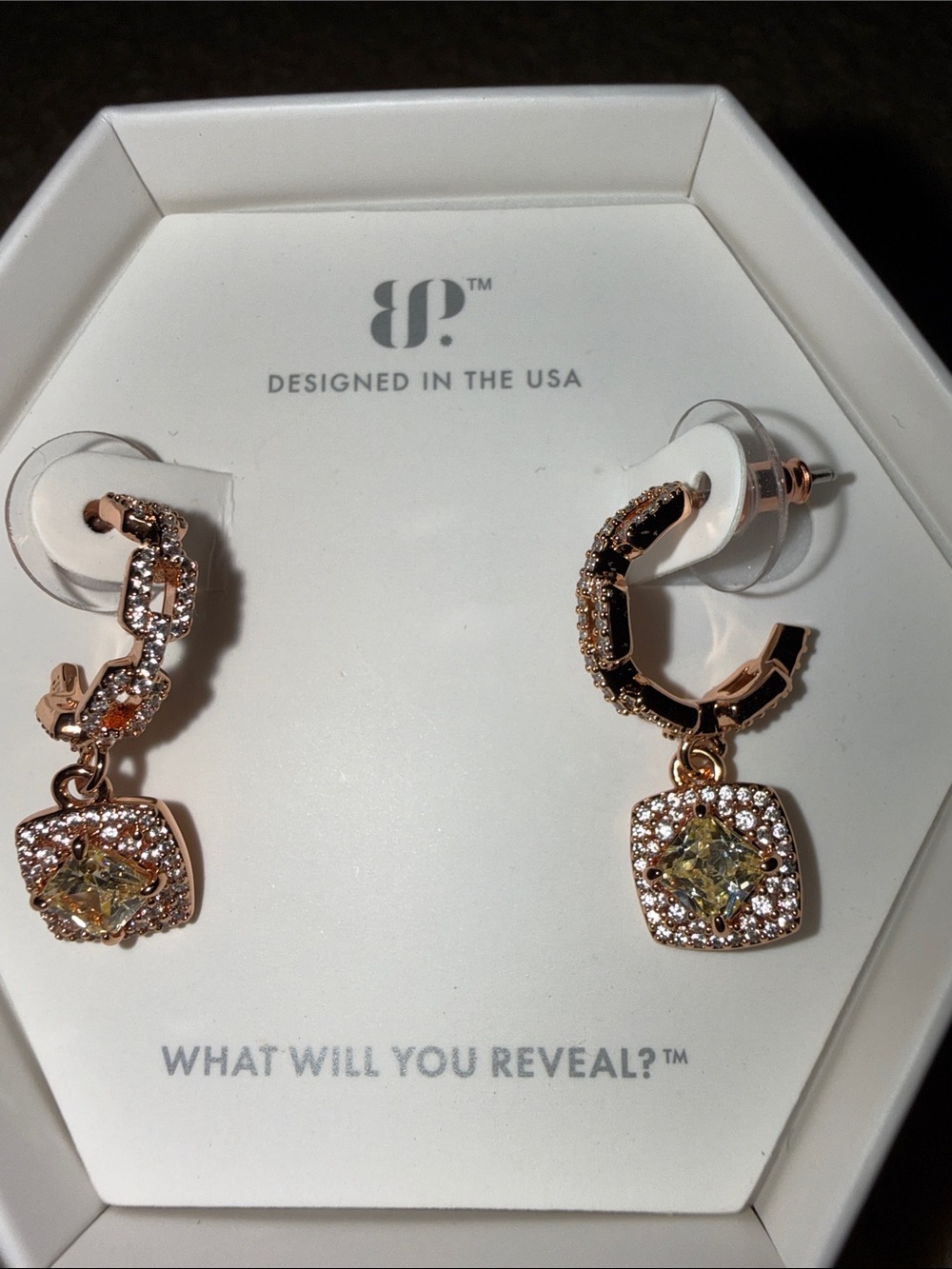 Rose Gold Drop Earrings with Yellow Center Stones